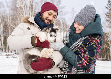 Taille portrait de jeune couple moderne tenue adorable chiot Husky et de câlins avec elle à l'extérieur sur journée d'hiver Banque D'Images