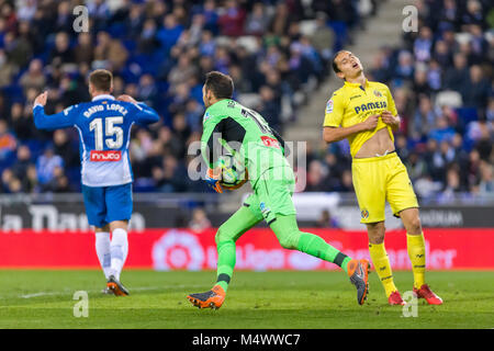 Barcelone, Espagne. Feb 18, 2018. RCD Espanyol gardien Diego Lopez (13) pendant le match entre l'Espanyol et Villarreal, pour le cycle 24 de la Liga Santander, jouée au stade RCDE le 18 février 2018 à Barcelone, Espagne. Más Información Gtres Crédit : Comuniación sur ligne, S.L./Alamy Live News Banque D'Images