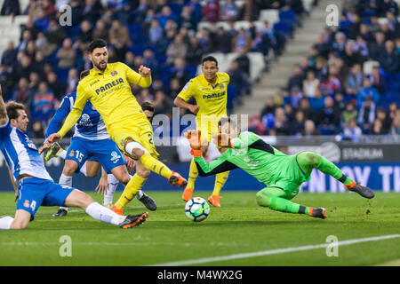 Barcelone, Espagne. Feb 18, 2018. RCD Espanyol gardien Diego Lopez (13) pendant le match entre l'Espanyol et Villarreal, pour le cycle 24 de la Liga Santander, jouée au stade RCDE le 18 février 2018 à Barcelone, Espagne. Más Información Gtres Crédit : Comuniación sur ligne, S.L./Alamy Live News Banque D'Images