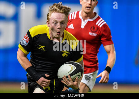 Sugar Land, TX, USA. Feb 17, 2018. Houston SaberCats Connor Murphy (9) scores au cours du grand match de rugby entre le New York Athletic Club et le Houston SaberCats Constellation au domaine à Sugar Land, TX. Chris Brown/CSM/Alamy Live News Banque D'Images