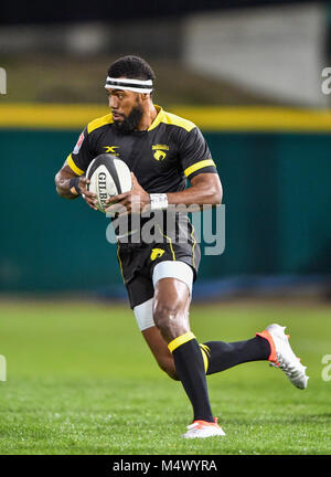 Sugar Land, TX, USA. Feb 17, 2018. Houston SaberCats Josua Vici (11) en action lors des grands match de rugby entre le New York Athletic Club et le Houston SaberCats Constellation au domaine à Sugar Land, TX. Chris Brown/CSM/Alamy Live News Banque D'Images