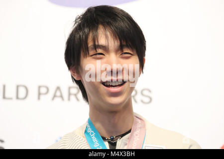 PyeongChang, Corée du Sud. Feb 18, 2018. Yuzuru Hanyu (JPN) Figure Skating : Men's or olympique Yuzuru Hanyu du Japon participe à une conférence de presse à la Maison du Japon au cours de l'PyeongChang Jeux Olympiques d'hiver de 2018 à PyeongChang, Corée du Sud . Credit : YUTAKA/AFLO SPORT/Alamy Live News Banque D'Images