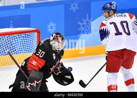 Incheon, Corée. Feb 17, 2018. Ben Scrivens (CAN) et Roman Cervenka (CZE) en action au cours de l'Agence contre la République tchèque match de hockey sur glace dans le Jeux Olympiques d'hiver de 2018 à Gangneung, Corée du Sud, le 17 février 2018. Credit : Michal Kamaryt/CTK Photo/Alamy Live News Banque D'Images