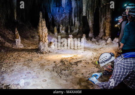 Visiteur utilisant smartphone pour photographier des perles sur la grotte grotte inférieure tour à Carlsbad Caverns National Park au Texas. Banque D'Images