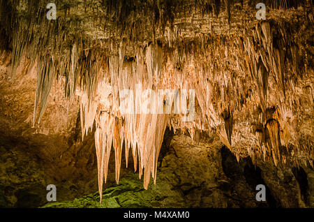 La formation rocheuse de draperies lustre est suspendu au plafond dans la grande salle de Carlsbad Caverns National Park dans le Nouveau Mexique. Banque D'Images