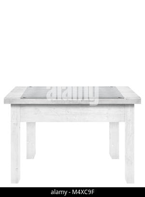 Table en bois avec plaque en aluminium, métal sur le dessus est isolé sur fond blanc, utilisé pour afficher vos objets. Banque D'Images