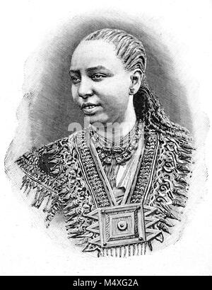 Portrait de la Reine d'Éthiopie ou d'Abyssinie Taytu Betul (1851-1918) Impératrice Consort de l'Empire éthiopien (1889-1913) et troisième épouse de l'Empereur Ménélik II d'Éthiopie. Elle a fondé l'Addis-Abeba, capitale de l'Éthiopie (gravure, 1888) Banque D'Images