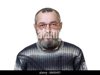 Vrai homme, avec une barbe ressemble à l'appareil photo sur fond blanc Banque D'Images