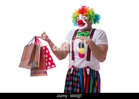 Funny clown après shopping bags isolé sur fond blanc Banque D'Images