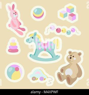 Jouets pour enfants cartoon style vector set pastel autocollant. Illustration de Vecteur