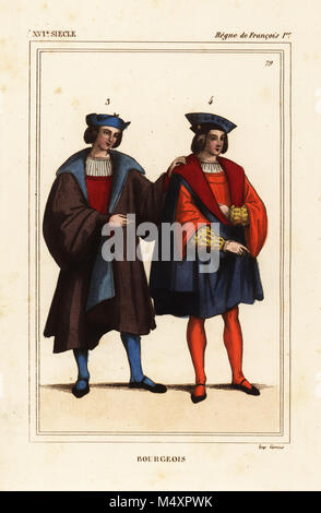 Des hommes de la mode bourgeois de Paris, règne du Roi François I de France. Lithographie coloriée après une miniature dans un manuscrit de la Bibliothèque Nationale (Nicolas Xavier Willemin II 191) de : Le Bibliophile Jacob aka Paul Lacroix Costumes historiques de la France (Costumes historiques de la France), Administration de librairie, Paris, 1852. Banque D'Images