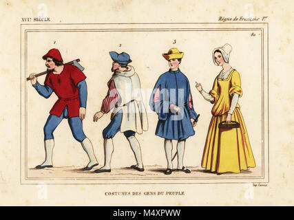 Travailleur avec grosse hache, artisan, commerçant et femme de Paris. Costumes des habitants de Paris, règne du Roi François I de France. Lithographie coloriée en chiffres après Roger de Gaignieres' portfolios de : Le Bibliophile Jacob aka Paul Lacroix Costumes historiques de la France (Costumes historiques de la France), Administration de librairie, Paris, 1852. Banque D'Images