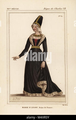 Marie d'Anjou, reine de France, épouse du roi Charles VII, Marie d'Anjou 1404-1463. Lithographie coloriée par Léopold Massard après un portrait original de Roger de Gaignieres' portfolio VI 15 de : Le Bibliophile Jacob aka Paul Lacroix Costumes historiques de la France (Costumes historiques de la France), Administration de librairie, Paris, 1852. Banque D'Images