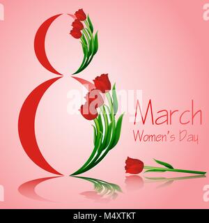 Carte de vœux avec design élégant tulipes pour la célébration de la Journée internationale de la femme sur fond rouge brillant. 8 carte postale mars concept. Vector illustration. Illustration de Vecteur