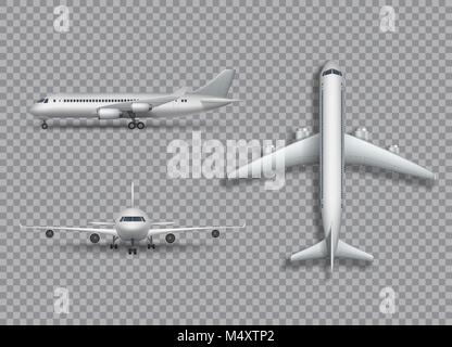 Maquette avion blanc isolé. Avion de ligne Avion, illustration 3D réaliste sur transtarent arrière-plan. Jeu d'avion de l'air de l'avant, côté et vue de dessus. Vector illustration. Illustration de Vecteur