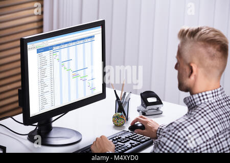 Close-up of a Businessman travaillant sur ordinateur à l'aide du diagramme de Gantt sur Office 24 Banque D'Images