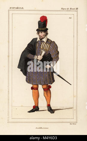 Gentleman, règne du roi Henri III de France. Lithographie coloriée après un portrait de Roger de Gaignieres' images portfolio IX 83 et 84 de : Le Bibliophile Jacob aka Paul Lacroix Costumes historiques de la France (Costumes historiques de la France), Administration de librairie, Paris, 1852. Banque D'Images