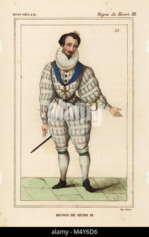 Un Mignon, l'un des plus délicats à la cour du roi Henri III de France. Lithographie coloriée après une caricature en Roger de Gaignieres' images portfolio IX 59 de : Le Bibliophile Jacob aka Paul Lacroix Costumes historiques de la France (Costumes historiques de la France), Administration de librairie, Paris, 1852. Banque D'Images