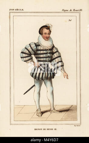 Un Mignon, l'un des plus délicats à la cour du roi Henri III de France. Lithographie coloriée après une caricature en Roger de Gaignieres' images portfolio IX 76 de : Le Bibliophile Jacob aka Paul Lacroix Costumes historiques de la France (Costumes historiques de la France), Administration de librairie, Paris, 1852. Banque D'Images