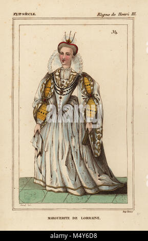 Marguerite de Lorraine (1564-1625), sœur de la reine consort Louise de Lorraine. Illustration par Sorel après un portrait de Roger de Gaignieres' images portfolio IX 62 de : Le Bibliophile Jacob aka Paul Lacroix Costumes historiques de la France (Costumes historiques de la France), Administration de librairie, Paris, 1852. Banque D'Images