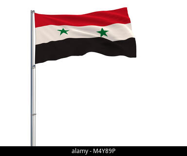 Drapeau de la Syrie sur le mât voletant dans le vent sur un fond blanc, 3D Rendering Banque D'Images