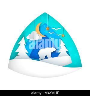 L'ours polaire. Cartoon illustration de l'ours. Lune, nuage, oiseau, étoile, sapin. Illustration de Vecteur