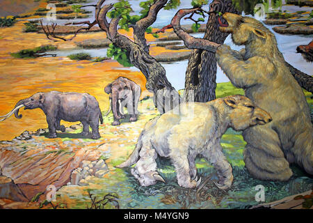 Peinture de paresseux géant Megatherium americanum et Cuvieronius hyodon Mastodonts Banque D'Images