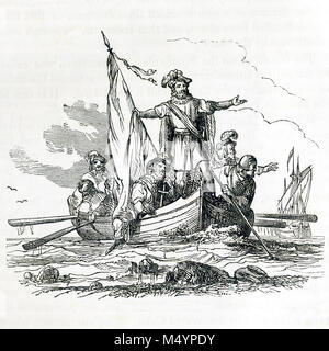 Cette illustrations date d'environ 1846 et montre à propos de Columbus à la terre d'Hispaniola. En septembre 1492, Colomb et son équipage, à l'aise à atteindre la terre, vu les oiseaux et savait que la terre n'était pas loin. Banque D'Images