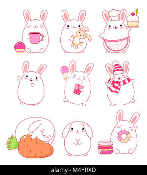 Jeu de cute kawaii lapin dans le style. Drôle, heureux, rire, dormir, manger, courir, triste, avec gâteau, avec la lettre, avec les beignets, glaces et un glas Banque D'Images