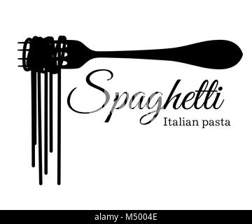 Silhouette noire sur une fourchette de spaghettis avec une inscription vector illustration isolé sur fond blanc page de site web et conception d'applications mobiles. Illustration de Vecteur