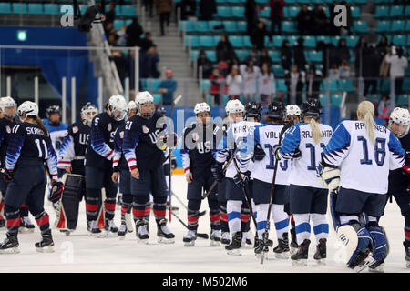 Gangneung, Corée du Sud. Feb 19, 2018. La Finlande et les États-Unis après l'équipe de hockey sur glace : les play-offs demi-finales à Gangneung Hockey Centre au cours de l'occasion des Jeux Olympiques d'hiver de Pyeongchang 2018. Crédit : Scott Mc Kiernan/ZUMA/Alamy Fil Live News Banque D'Images