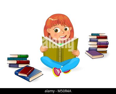 Happy girl reading book. Fille avec réserve en mains sur un fond blanc. Girl reading a book. Fille assise entre les livres. Illustration de Vecteur