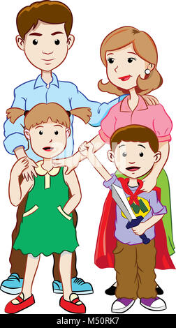 Famille heureuse avec deux enfants, cartoon vector Banque D'Images