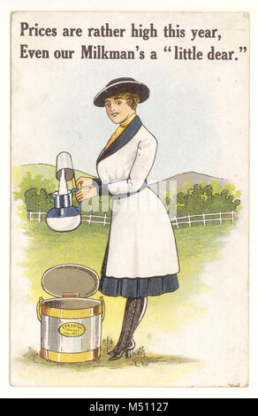 Carte graphique femme milkman, dairymaid, montrant le changement de rôle des femmes dans l'ère de la première Guerre mondiale, le bénévolat pour aider l'effort de guerre, prenant des emplois traditionnels d'hommes, publié 1918, Welling. ROYAUME-UNI Banque D'Images