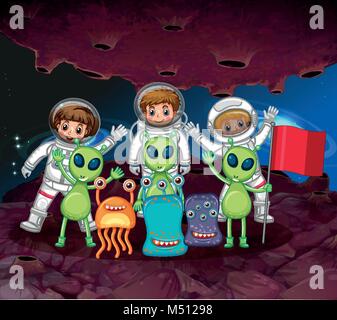Les astronautes et les étrangers sur la même planète illustration Illustration de Vecteur