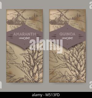 Ensemble de deux étiquettes avec Amaranthus cruentus amarante aka Chenopodium quinoa et croquis. Collection de plantes céréalières. Illustration de Vecteur