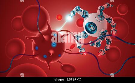 Robot nano microscopique tue des bactéries à l'intérieur du corps humain. nano robot dans l'écoulement de sang entre les cellules d'hémoglobine. L'innovation dans la technologie Illustration de Vecteur