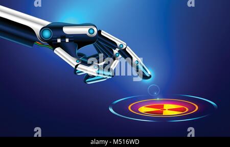 Le bras du robot appuie sur l'index sur le bouton avec l'icône du danger nucléaire. concept futuriste. Régler les bras de robot. Illustration de Vecteur