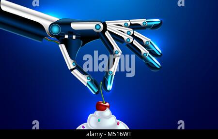 Prothèse de main robotique médicale ou d'armes met la cerise sur le gâteau. bras de robot, vecteur. Set Illustration de Vecteur