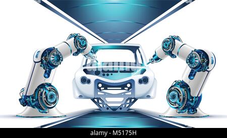 Bras robotique travaille sur l'usine de fabrication de voitures. Industrial robots à souder souder la caisse de wagon sur la ligne d'assemblage. Illustration de Vecteur