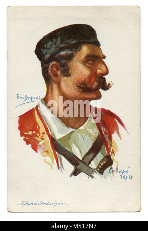 Carte postale de l'ancien français 'alliés', un brave infanterie monténégrine avec une moustache noire en costume traditionnel. La première guerre mondiale de 1914-1918, le Monténégro, Banque D'Images