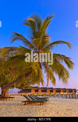 Des chaises longues sur la plage aux Maldives Banque D'Images