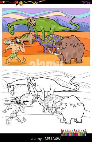 Cartoon caractères préhistoriques Coloring Book Banque D'Images