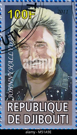DJIBOUTI - circa 2011 : un timbre-poste imprimé dans la République de Djibouti montrant Johnny Hallyday, vers 2011 Banque D'Images