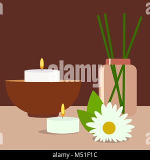 Spa intègre des outils et accessoires herbes rolled up towel bougies et vector illustration d'huile pour votre texte. Illustration de Vecteur