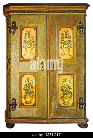 Armoire en bois peint vintage with clipping path isolé sur fond blanc Banque D'Images