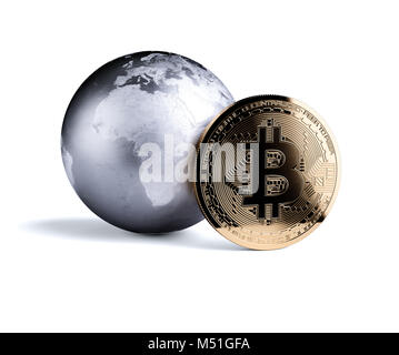 Pièce d'or avec Bitcoin metal planète Terre. Concept cryptocurrency dans le monde financier. L'activité bancaire. Le rendu 3d illustration isolé sur blanc Banque D'Images