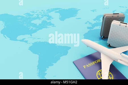 3d illustration. Passeport, billet d'avion et de valises sur la carte. Concept de voyage. Banque D'Images