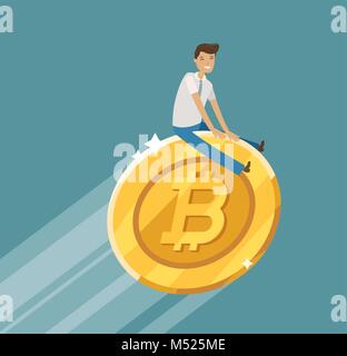 Concept d'entreprise. Monnaie blockchain crypto Bitcoin. Cartoon vector illustration Illustration de Vecteur
