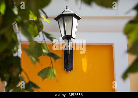 Lampe de rue sur un mur jaune encadrée par des feuilles Banque D'Images